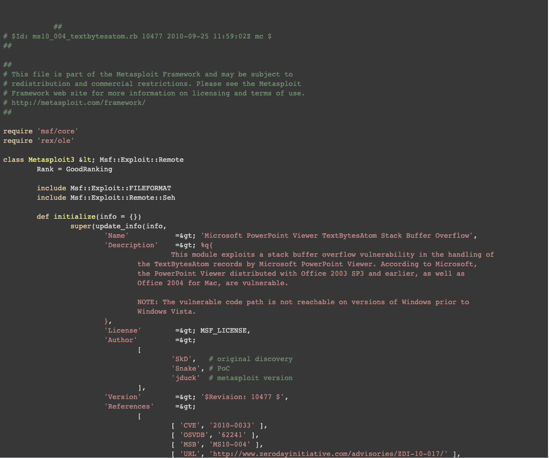 The Metasploit module for the PowerPoint vulnerability I found way back in the day.